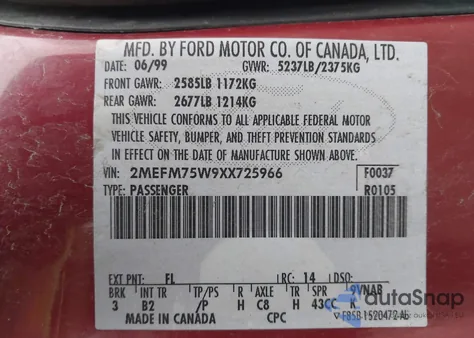 1999 Mercury Grand Marquis Ls z USA, uszkodzony, nr VIN 2MEFM75W9XX725966